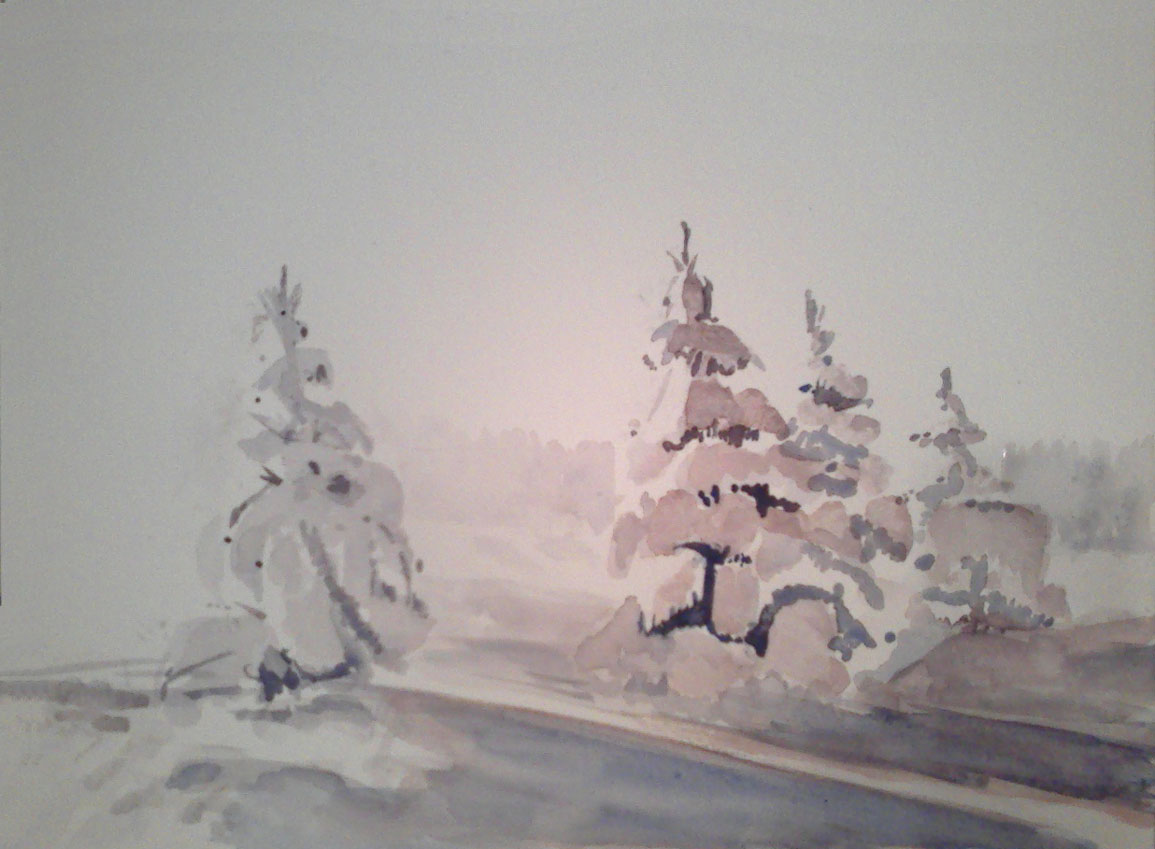 Sapins enneigés, aquarelle, Catherine Brut