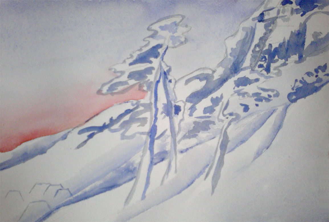 Au loin le village - Hiver, aquarelle, Catherine Brut
