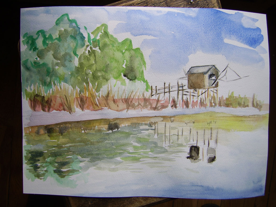 Barraque de pêcheur sur la berge, aquarelle, Yolande Moretti