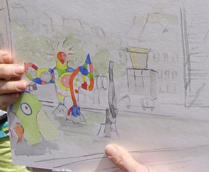 Denise Stern, La fontaine Stravinsky, aquarelle