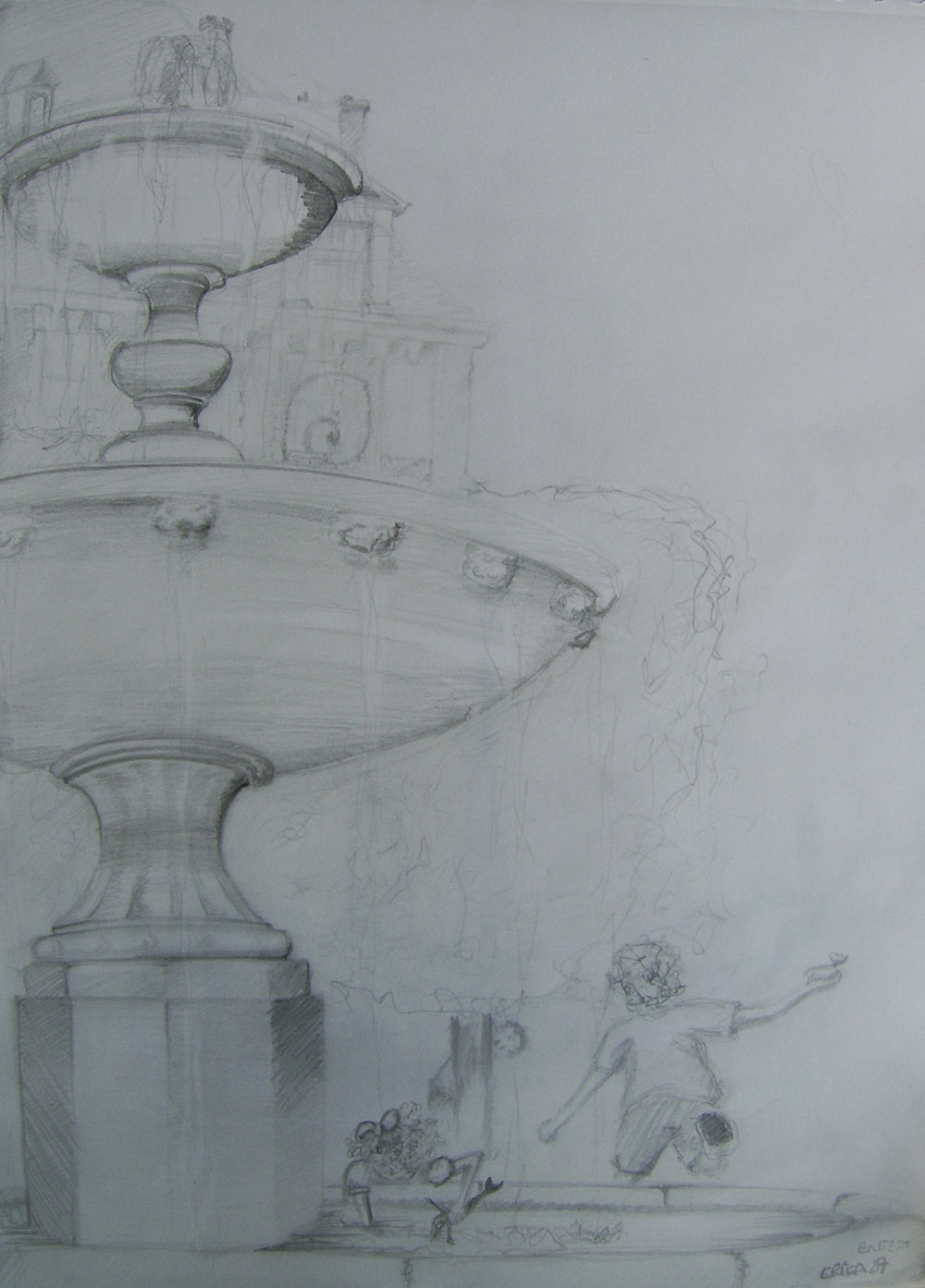 Fontaine dans la Place des Vosges, dessin